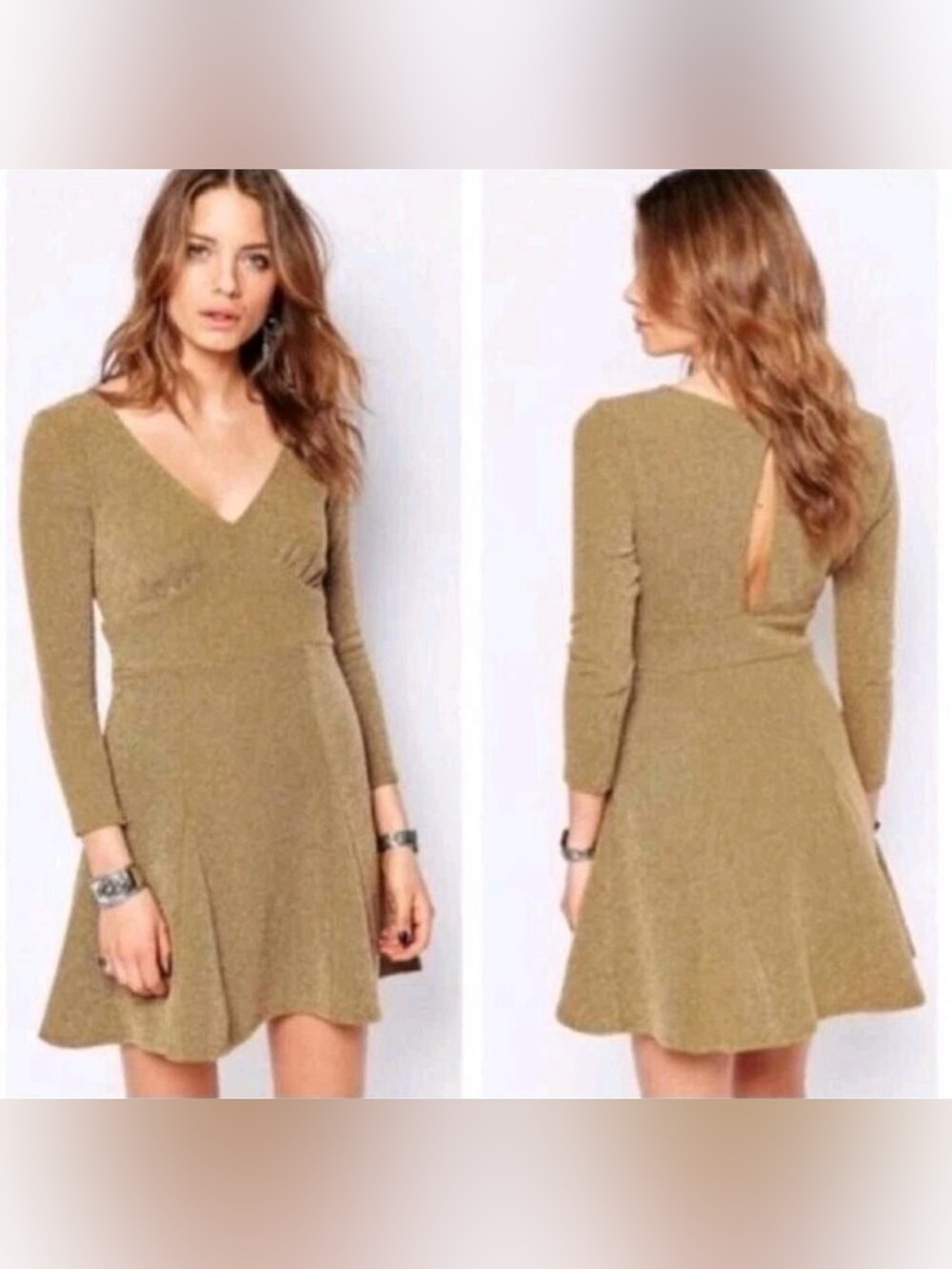 Free People Heartstopper Gold Fit &
Flare Mini Dress Size L- worn once!!!